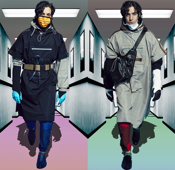 Boramy Viguier 2019-2020 Fall Autumn Winter Mens Lookbook Presentation - Mode à Paris Fashion Week Mode Masculine France - Doctor Surgeon Mask Utility Cargo Pockets Outerwear Parka Anorak Coat Long Sleeve Shirt Gloves Zipper Pen Loops Straps Belts Manskirt Kilt Metallic Drawstring Jogger Sweatpants Plaid Check Vest Waistcoat Caftan Kaftan Satchel Hoodie Nylon Parachute Pants Injections Needles Loafers