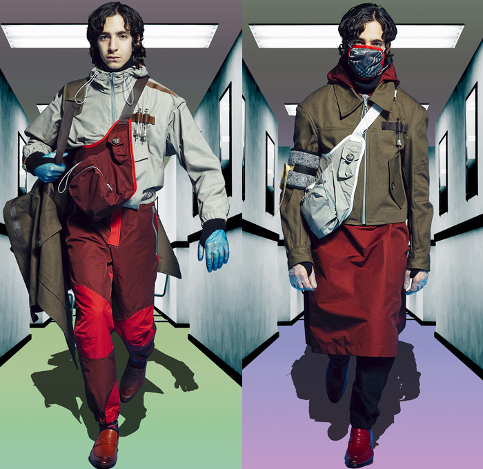 Boramy Viguier 2019-2020 Fall Autumn Winter Mens Lookbook Presentation - Mode à Paris Fashion Week Mode Masculine France - Doctor Surgeon Mask Utility Cargo Pockets Outerwear Parka Anorak Coat Long Sleeve Shirt Gloves Zipper Pen Loops Straps Belts Manskirt Kilt Metallic Drawstring Jogger Sweatpants Plaid Check Vest Waistcoat Caftan Kaftan Satchel Hoodie Nylon Parachute Pants Injections Needles Loafers