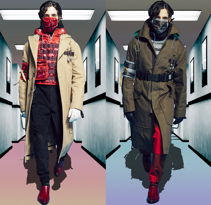 Boramy Viguier 2019-2020 Fall Autumn Winter Mens Lookbook Presentation - Mode à Paris Fashion Week Mode Masculine France - Doctor Surgeon Mask Utility Cargo Pockets Outerwear Parka Anorak Coat Long Sleeve Shirt Gloves Zipper Pen Loops Straps Belts Manskirt Kilt Metallic Drawstring Jogger Sweatpants Plaid Check Vest Waistcoat Caftan Kaftan Satchel Hoodie Nylon Parachute Pants Injections Needles Loafers