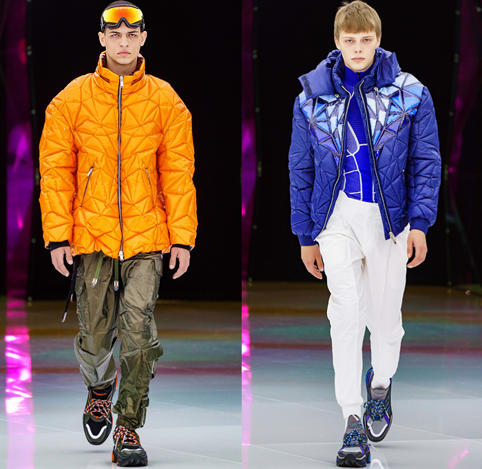 Byblos 2019-2020 Fall Autumn Winter Mens Runway Catwalk Looks Manuel Facchini - Milano Moda Donna Collezione Milan Fashion Week Italy - Crystallized Iridescent Polar Ice Arctic Circle Recycled Plastic Bottles Cocoon Aurora Borealis Origami Hockey Uniform Frost Eco Fur Geometric Quilted Puffer Coat Parka Jacket Hoodie Nylon Cargo Pants Goggles Sunglasses Trainers