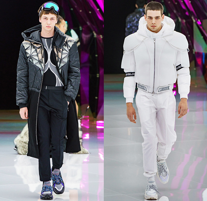 Byblos 2019-2020 Fall Autumn Winter Mens Runway Catwalk Looks Manuel Facchini - Milano Moda Donna Collezione Milan Fashion Week Italy - Crystallized Iridescent Polar Ice Arctic Circle Recycled Plastic Bottles Cocoon Aurora Borealis Origami Hockey Uniform Frost Eco Fur Geometric Quilted Puffer Coat Parka Jacket Hoodie Nylon Cargo Pants Goggles Sunglasses Trainers