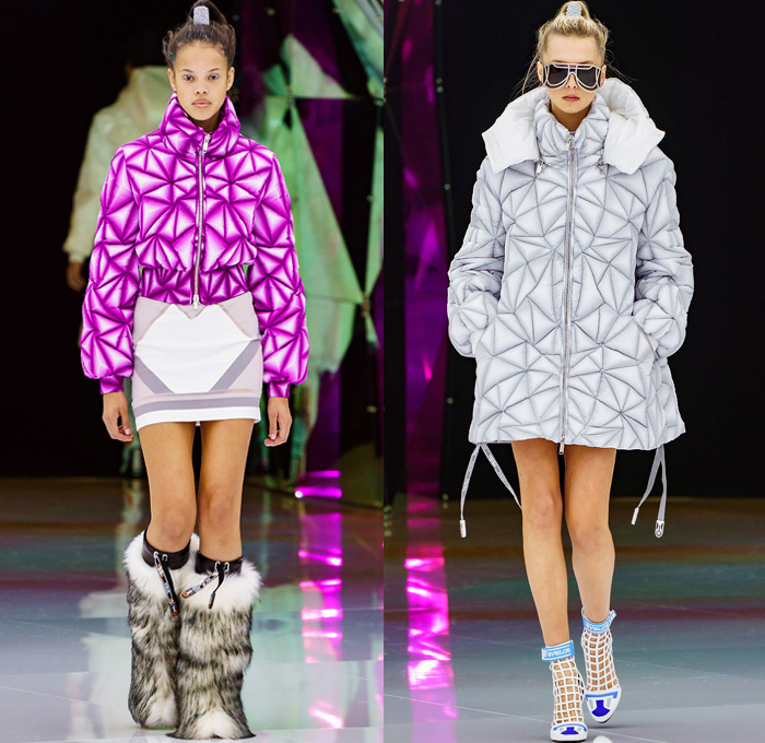 Byblos 2019-2020 Fall Autumn Winter Womens Runway Catwalk Looks Manuel Facchini - Milano Moda Donna Collezione Milan Fashion Week Italy - Crystallized Iridescent Polar Ice Arctic Circle Recycled Plastic Bottles Cocoon Aurora Borealis Origami Hockey Uniform Frost Eco Fur Geometric Prismatic Plush Fur Coat Parka Quilted Puffer Jacket Miniskirt Sheer Bedazzled One Shoulder Dress Gown Onesie Jumpsuit Coveralls Gladiator Mesh Boots Sunglasses Goggles