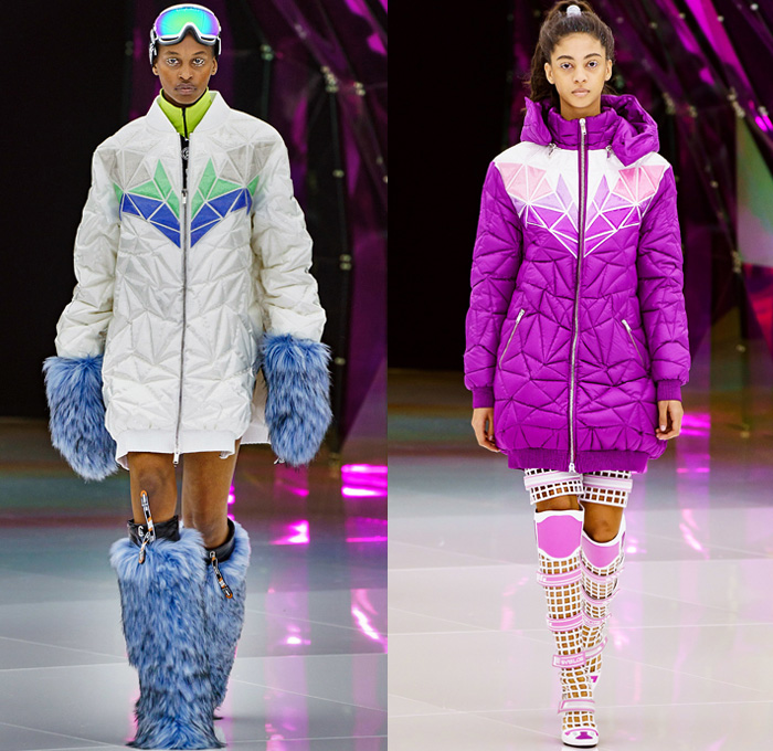 Byblos 2019-2020 Fall Autumn Winter Womens Runway Catwalk Looks Manuel Facchini - Milano Moda Donna Collezione Milan Fashion Week Italy - Crystallized Iridescent Polar Ice Arctic Circle Recycled Plastic Bottles Cocoon Aurora Borealis Origami Hockey Uniform Frost Eco Fur Geometric Prismatic Plush Fur Coat Parka Quilted Puffer Jacket Miniskirt Sheer Bedazzled One Shoulder Dress Gown Onesie Jumpsuit Coveralls Gladiator Mesh Boots Sunglasses Goggles