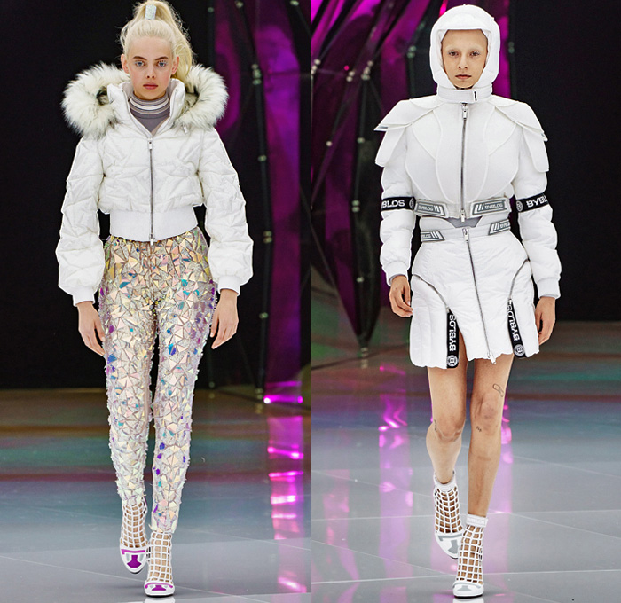 Byblos 2019-2020 Fall Autumn Winter Womens Runway Catwalk Looks Manuel Facchini - Milano Moda Donna Collezione Milan Fashion Week Italy - Crystallized Iridescent Polar Ice Arctic Circle Recycled Plastic Bottles Cocoon Aurora Borealis Origami Hockey Uniform Frost Eco Fur Geometric Prismatic Plush Fur Coat Parka Quilted Puffer Jacket Miniskirt Sheer Bedazzled One Shoulder Dress Gown Onesie Jumpsuit Coveralls Gladiator Mesh Boots Sunglasses Goggles