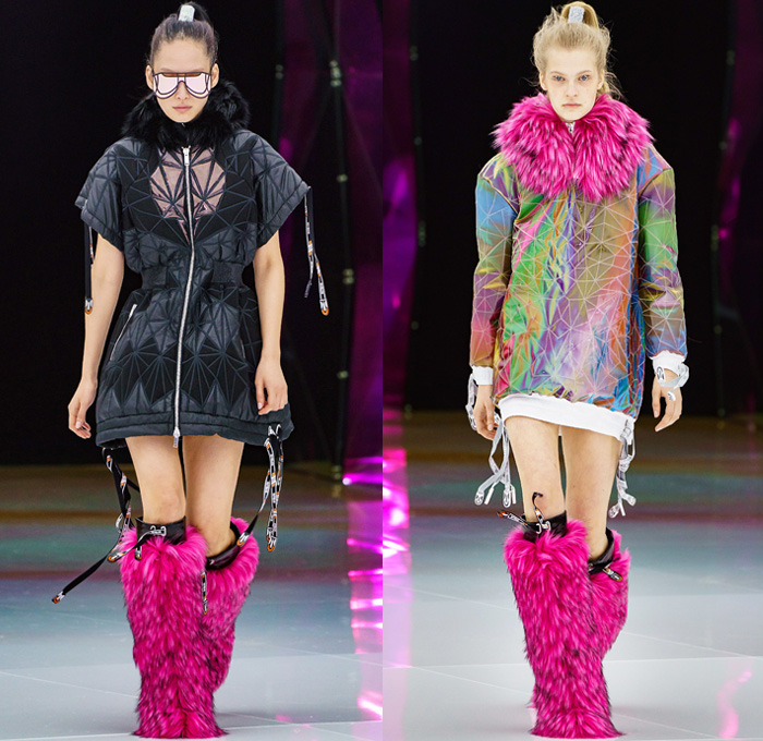 Byblos 2019-2020 Fall Autumn Winter Womens Runway Catwalk Looks Manuel Facchini - Milano Moda Donna Collezione Milan Fashion Week Italy - Crystallized Iridescent Polar Ice Arctic Circle Recycled Plastic Bottles Cocoon Aurora Borealis Origami Hockey Uniform Frost Eco Fur Geometric Prismatic Plush Fur Coat Parka Quilted Puffer Jacket Miniskirt Sheer Bedazzled One Shoulder Dress Gown Onesie Jumpsuit Coveralls Gladiator Mesh Boots Sunglasses Goggles