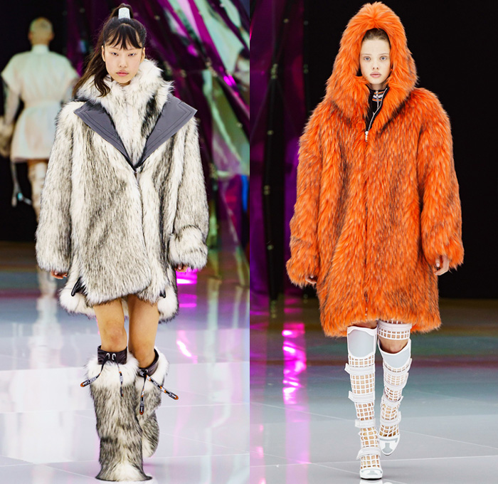 Byblos 2019-2020 Fall Autumn Winter Womens Runway Catwalk Looks Manuel Facchini - Milano Moda Donna Collezione Milan Fashion Week Italy - Crystallized Iridescent Polar Ice Arctic Circle Recycled Plastic Bottles Cocoon Aurora Borealis Origami Hockey Uniform Frost Eco Fur Geometric Prismatic Plush Fur Coat Parka Quilted Puffer Jacket Miniskirt Sheer Bedazzled One Shoulder Dress Gown Onesie Jumpsuit Coveralls Gladiator Mesh Boots Sunglasses Goggles