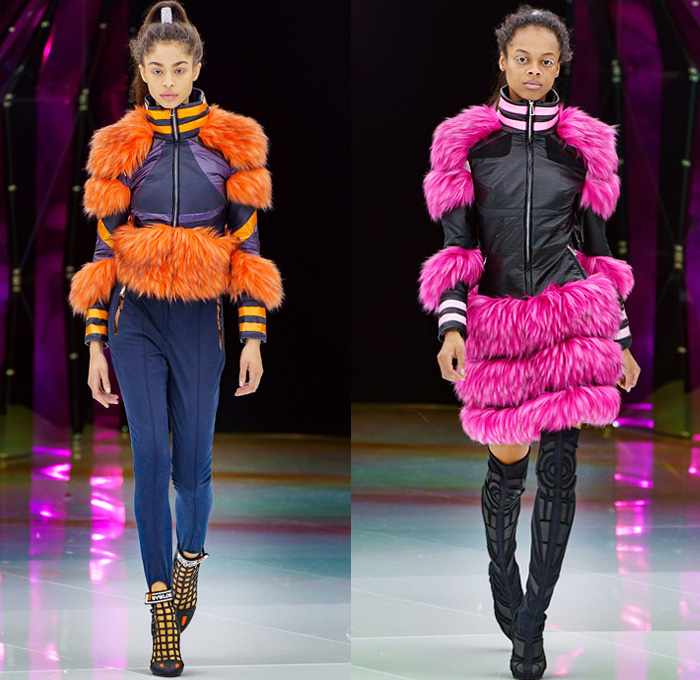 Byblos 2019-2020 Fall Autumn Winter Womens Runway Catwalk Looks Manuel Facchini - Milano Moda Donna Collezione Milan Fashion Week Italy - Crystallized Iridescent Polar Ice Arctic Circle Recycled Plastic Bottles Cocoon Aurora Borealis Origami Hockey Uniform Frost Eco Fur Geometric Prismatic Plush Fur Coat Parka Quilted Puffer Jacket Miniskirt Sheer Bedazzled One Shoulder Dress Gown Onesie Jumpsuit Coveralls Gladiator Mesh Boots Sunglasses Goggles