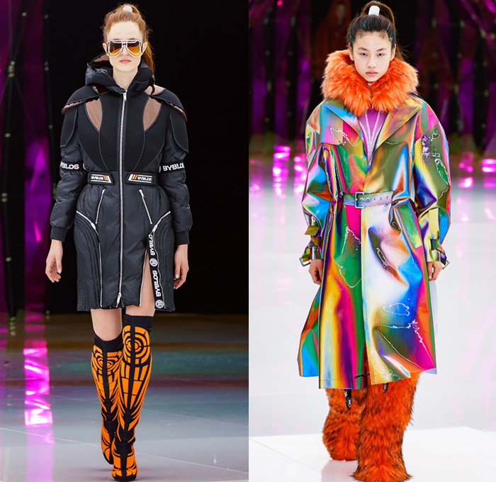 Byblos 2019-2020 Fall Autumn Winter Womens Runway Catwalk Looks Manuel Facchini - Milano Moda Donna Collezione Milan Fashion Week Italy - Crystallized Iridescent Polar Ice Arctic Circle Recycled Plastic Bottles Cocoon Aurora Borealis Origami Hockey Uniform Frost Eco Fur Geometric Prismatic Plush Fur Coat Parka Quilted Puffer Jacket Miniskirt Sheer Bedazzled One Shoulder Dress Gown Onesie Jumpsuit Coveralls Gladiator Mesh Boots Sunglasses Goggles
