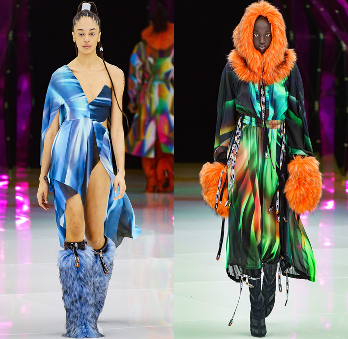 Byblos 2019-2020 Fall Autumn Winter Womens Runway Catwalk Looks Manuel Facchini - Milano Moda Donna Collezione Milan Fashion Week Italy - Crystallized Iridescent Polar Ice Arctic Circle Recycled Plastic Bottles Cocoon Aurora Borealis Origami Hockey Uniform Frost Eco Fur Geometric Prismatic Plush Fur Coat Parka Quilted Puffer Jacket Miniskirt Sheer Bedazzled One Shoulder Dress Gown Onesie Jumpsuit Coveralls Gladiator Mesh Boots Sunglasses Goggles