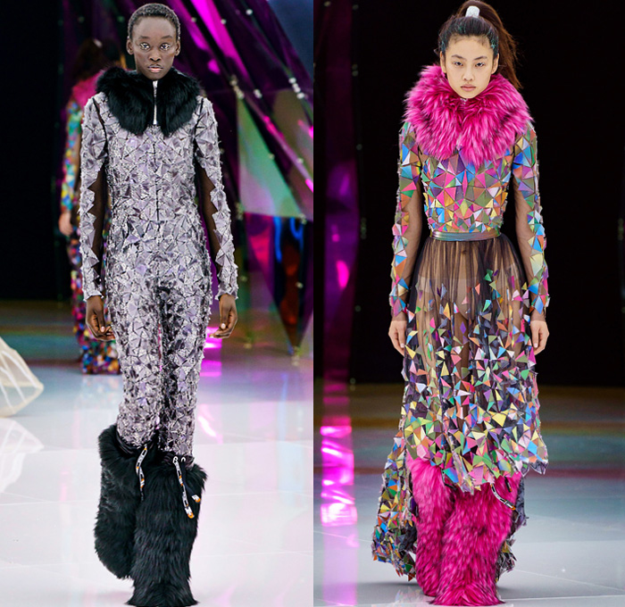 Byblos 2019-2020 Fall Autumn Winter Womens Runway Catwalk Looks Manuel Facchini - Milano Moda Donna Collezione Milan Fashion Week Italy - Crystallized Iridescent Polar Ice Arctic Circle Recycled Plastic Bottles Cocoon Aurora Borealis Origami Hockey Uniform Frost Eco Fur Geometric Prismatic Plush Fur Coat Parka Quilted Puffer Jacket Miniskirt Sheer Bedazzled One Shoulder Dress Gown Onesie Jumpsuit Coveralls Gladiator Mesh Boots Sunglasses Goggles