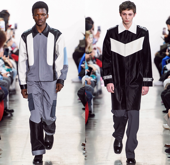 Calvin Luo 2019-2020 Fall Autumn Winter Mens Runway Catwalk Looks - New York Fashion Week NYFW - Scarf Boxy Frankenstein Shoulders Suit Plaid Check Panels Shirt Flapper Fringes Sleeveless Tank Top Apron Halterneck PVC Vinyl Sweatshirt Sailor Collar Double Hem Knit Crochet Sweater Threads Denim Jeans Studs Wool Tweed Cargo Utility Pockets Frayed Raw Hem Bow Outerwear Coat Fanny Pack Belt Strap Bum Bag Pouch