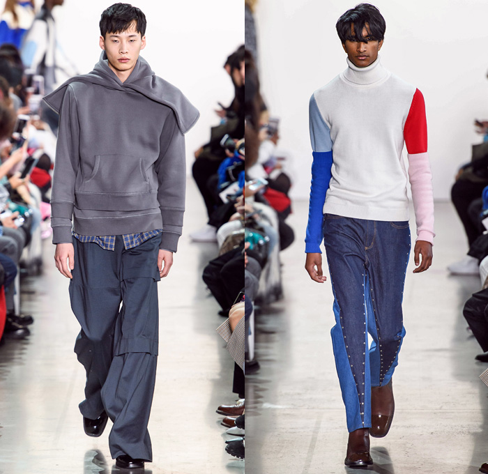 Calvin Luo 2019-2020 Fall Autumn Winter Mens Runway Catwalk Looks - New York Fashion Week NYFW - Scarf Boxy Frankenstein Shoulders Suit Plaid Check Panels Shirt Flapper Fringes Sleeveless Tank Top Apron Halterneck PVC Vinyl Sweatshirt Sailor Collar Double Hem Knit Crochet Sweater Threads Denim Jeans Studs Wool Tweed Cargo Utility Pockets Frayed Raw Hem Bow Outerwear Coat Fanny Pack Belt Strap Bum Bag Pouch