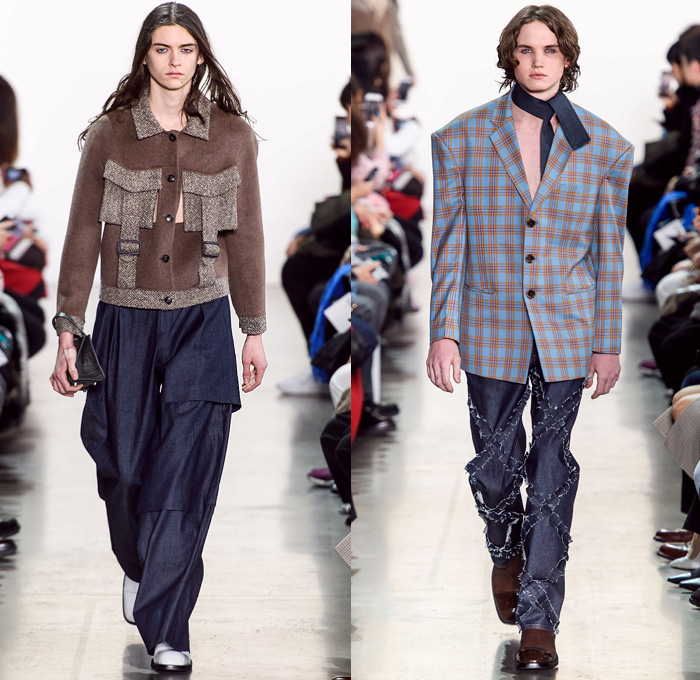 Calvin Luo 2019-2020 Fall Autumn Winter Mens Runway Catwalk Looks - New York Fashion Week NYFW - Scarf Boxy Frankenstein Shoulders Suit Plaid Check Panels Shirt Flapper Fringes Sleeveless Tank Top Apron Halterneck PVC Vinyl Sweatshirt Sailor Collar Double Hem Knit Crochet Sweater Threads Denim Jeans Studs Wool Tweed Cargo Utility Pockets Frayed Raw Hem Bow Outerwear Coat Fanny Pack Belt Strap Bum Bag Pouch