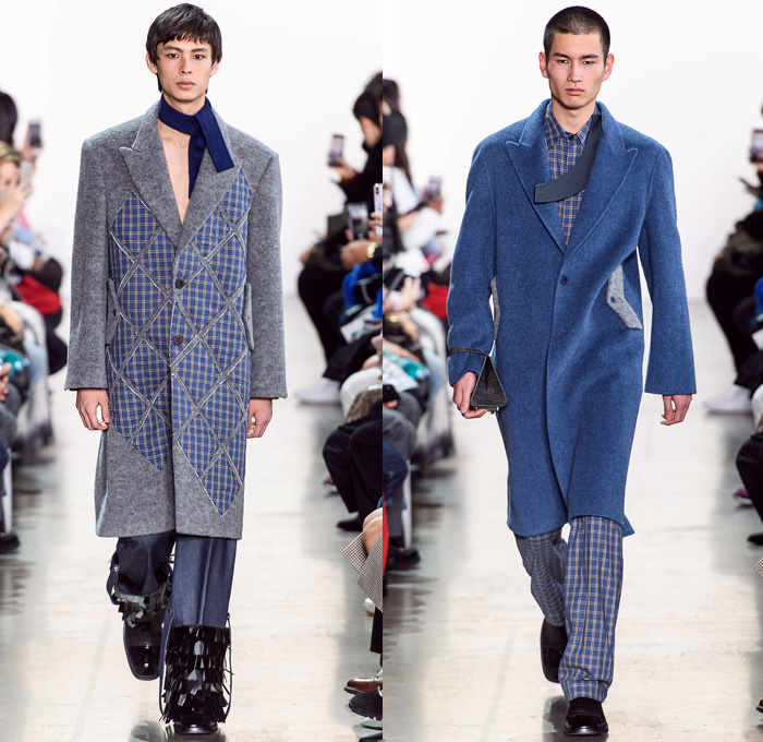 Calvin Luo 2019-2020 Fall Autumn Winter Mens Runway Catwalk Looks - New York Fashion Week NYFW - Scarf Boxy Frankenstein Shoulders Suit Plaid Check Panels Shirt Flapper Fringes Sleeveless Tank Top Apron Halterneck PVC Vinyl Sweatshirt Sailor Collar Double Hem Knit Crochet Sweater Threads Denim Jeans Studs Wool Tweed Cargo Utility Pockets Frayed Raw Hem Bow Outerwear Coat Fanny Pack Belt Strap Bum Bag Pouch