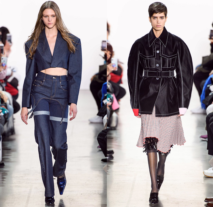 Calvin Luo 2019-2020 Fall Autumn Winter Womens Runway Catwalk Looks - New York Fashion Week NYFW - 1980s 1990s Crop Top Midriff Denim Jeans Blazer Straps Buttons Contrast Stitching Velvet Flapper Skirt Fringes Wool Tweed Coat Shirtdress Western Check Plaid Ruffles Cap Sleeve Pellegrina Dress Logo Mania PVC Vinyl Latex Panels Bell Sleeves Halterneck Apron Strapless Bandeau Poufy One Shoulder Stripes Giant Pussycat Bow Ribbon Blouse Mini Handbag Stockings