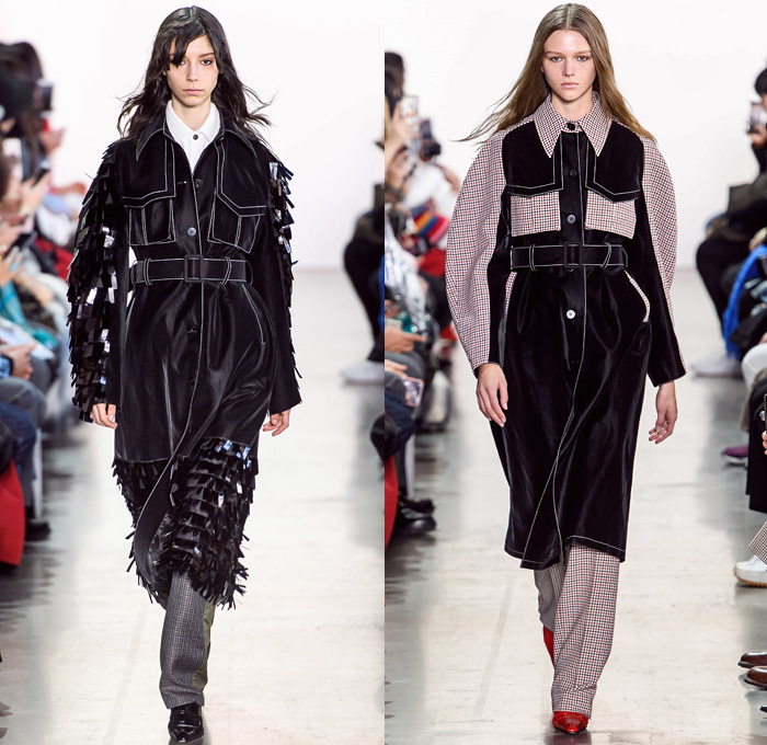 Calvin Luo 2019-2020 Fall Autumn Winter Womens Runway Catwalk Looks - New York Fashion Week NYFW - 1980s 1990s Crop Top Midriff Denim Jeans Blazer Straps Buttons Contrast Stitching Velvet Flapper Skirt Fringes Wool Tweed Coat Shirtdress Western Check Plaid Ruffles Cap Sleeve Pellegrina Dress Logo Mania PVC Vinyl Latex Panels Bell Sleeves Halterneck Apron Strapless Bandeau Poufy One Shoulder Stripes Giant Pussycat Bow Ribbon Blouse Mini Handbag Stockings