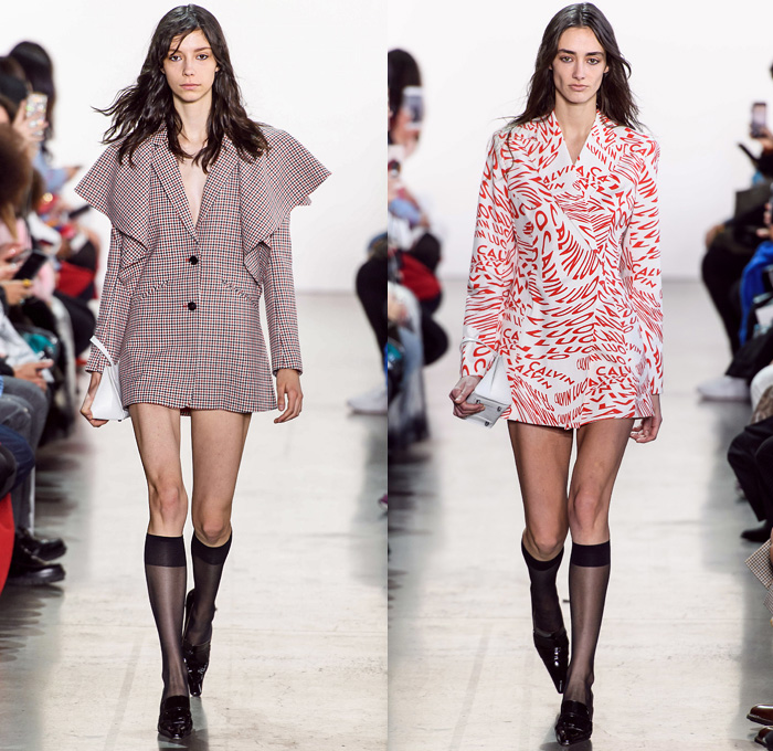 Calvin Luo 2019-2020 Fall Autumn Winter Womens Runway Catwalk Looks - New York Fashion Week NYFW - 1980s 1990s Crop Top Midriff Denim Jeans Blazer Straps Buttons Contrast Stitching Velvet Flapper Skirt Fringes Wool Tweed Coat Shirtdress Western Check Plaid Ruffles Cap Sleeve Pellegrina Dress Logo Mania PVC Vinyl Latex Panels Bell Sleeves Halterneck Apron Strapless Bandeau Poufy One Shoulder Stripes Giant Pussycat Bow Ribbon Blouse Mini Handbag Stockings