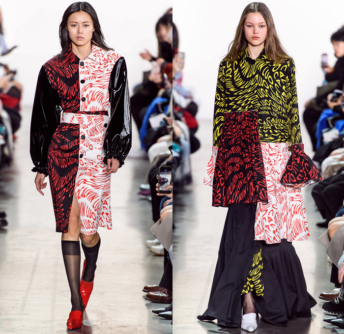 Calvin Luo 2019-2020 Fall Autumn Winter Womens Runway Catwalk Looks - New York Fashion Week NYFW - 1980s 1990s Crop Top Midriff Denim Jeans Blazer Straps Buttons Contrast Stitching Velvet Flapper Skirt Fringes Wool Tweed Coat Shirtdress Western Check Plaid Ruffles Cap Sleeve Pellegrina Dress Logo Mania PVC Vinyl Latex Panels Bell Sleeves Halterneck Apron Strapless Bandeau Poufy One Shoulder Stripes Giant Pussycat Bow Ribbon Blouse Mini Handbag Stockings