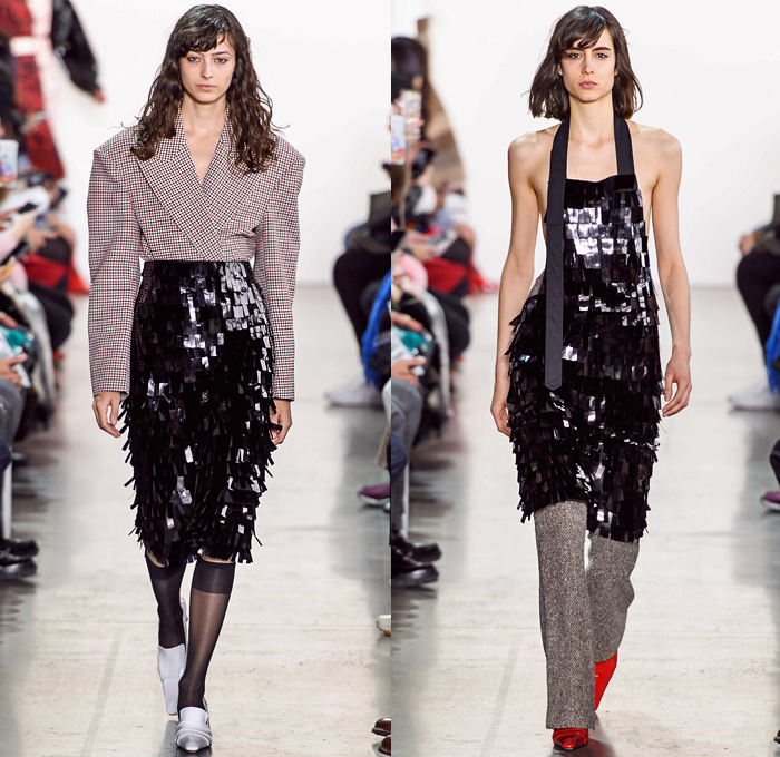 Calvin Luo 2019-2020 Fall Autumn Winter Womens Runway Catwalk Looks - New York Fashion Week NYFW - 1980s 1990s Crop Top Midriff Denim Jeans Blazer Straps Buttons Contrast Stitching Velvet Flapper Skirt Fringes Wool Tweed Coat Shirtdress Western Check Plaid Ruffles Cap Sleeve Pellegrina Dress Logo Mania PVC Vinyl Latex Panels Bell Sleeves Halterneck Apron Strapless Bandeau Poufy One Shoulder Stripes Giant Pussycat Bow Ribbon Blouse Mini Handbag Stockings