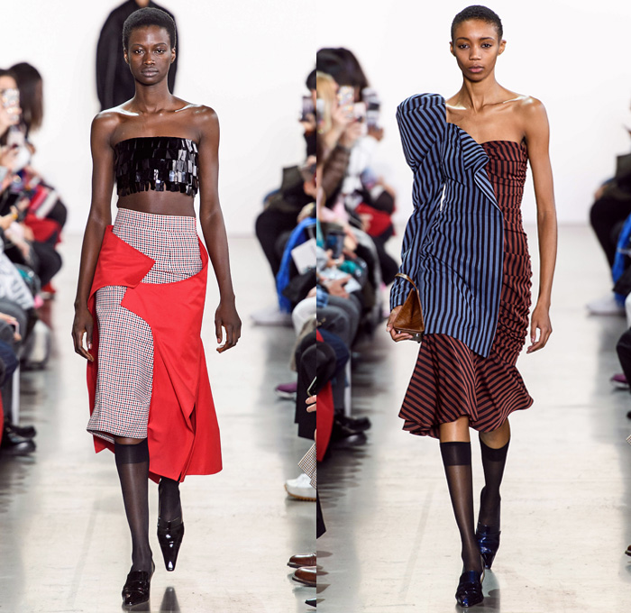 Calvin Luo 2019-2020 Fall Autumn Winter Womens Runway Catwalk Looks - New York Fashion Week NYFW - 1980s 1990s Crop Top Midriff Denim Jeans Blazer Straps Buttons Contrast Stitching Velvet Flapper Skirt Fringes Wool Tweed Coat Shirtdress Western Check Plaid Ruffles Cap Sleeve Pellegrina Dress Logo Mania PVC Vinyl Latex Panels Bell Sleeves Halterneck Apron Strapless Bandeau Poufy One Shoulder Stripes Giant Pussycat Bow Ribbon Blouse Mini Handbag Stockings