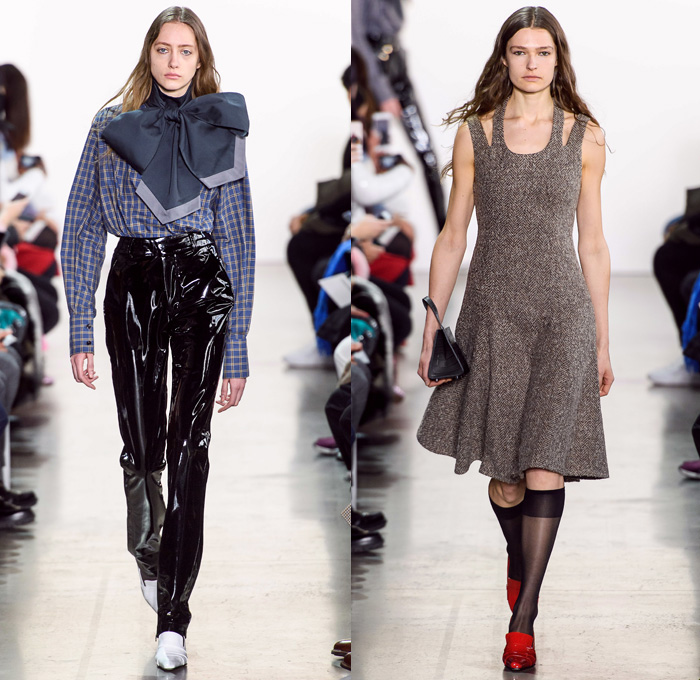 Calvin Luo 2019-2020 Fall Autumn Winter Womens Runway Catwalk Looks - New York Fashion Week NYFW - 1980s 1990s Crop Top Midriff Denim Jeans Blazer Straps Buttons Contrast Stitching Velvet Flapper Skirt Fringes Wool Tweed Coat Shirtdress Western Check Plaid Ruffles Cap Sleeve Pellegrina Dress Logo Mania PVC Vinyl Latex Panels Bell Sleeves Halterneck Apron Strapless Bandeau Poufy One Shoulder Stripes Giant Pussycat Bow Ribbon Blouse Mini Handbag Stockings