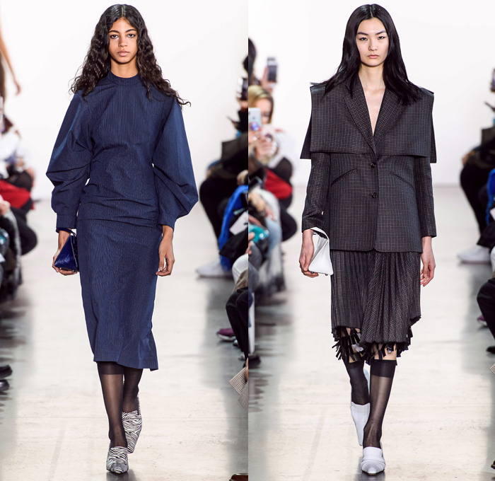 Calvin Luo 2019-2020 Fall Autumn Winter Womens Runway Catwalk Looks - New York Fashion Week NYFW - 1980s 1990s Crop Top Midriff Denim Jeans Blazer Straps Buttons Contrast Stitching Velvet Flapper Skirt Fringes Wool Tweed Coat Shirtdress Western Check Plaid Ruffles Cap Sleeve Pellegrina Dress Logo Mania PVC Vinyl Latex Panels Bell Sleeves Halterneck Apron Strapless Bandeau Poufy One Shoulder Stripes Giant Pussycat Bow Ribbon Blouse Mini Handbag Stockings