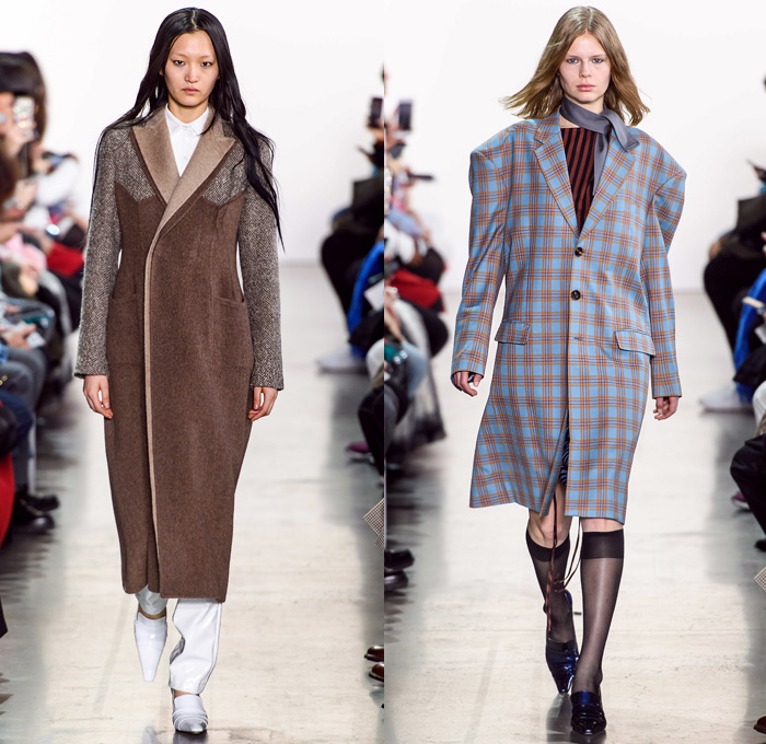 Calvin Luo 2019-2020 Fall Autumn Winter Womens Runway Catwalk Looks - New York Fashion Week NYFW - 1980s 1990s Crop Top Midriff Denim Jeans Blazer Straps Buttons Contrast Stitching Velvet Flapper Skirt Fringes Wool Tweed Coat Shirtdress Western Check Plaid Ruffles Cap Sleeve Pellegrina Dress Logo Mania PVC Vinyl Latex Panels Bell Sleeves Halterneck Apron Strapless Bandeau Poufy One Shoulder Stripes Giant Pussycat Bow Ribbon Blouse Mini Handbag Stockings