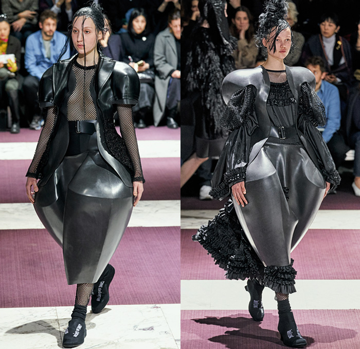 Comme des Garçons 2019-2020 Fall Autumn Winter Womens Runway Catwalk Looks - Mode à Paris Fashion Week France - The Gathering of Shadows Victorian Sculptural Dimensional Black Rubber Armor Cutout Fishnet Mesh Sheer Nun Hat Wimple Coif Veil Hoodie Bonnet Ruffles Concave Grommets Hooks Door Knobs Handles Trompe L'oeil 3D Flowers Floral Coat Blazer Straps Extra Sleeves Velvet Pussycat Bow Plaid Check Fur Knit Bralette Dress Crinoline Skirt Wide Shorts 