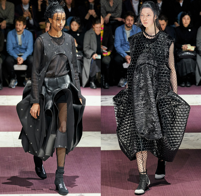 Comme des Garçons 2019-2020 Fall Autumn Winter Womens Runway Catwalk Looks - Mode à Paris Fashion Week France - The Gathering of Shadows Victorian Sculptural Dimensional Black Rubber Armor Cutout Fishnet Mesh Sheer Nun Hat Wimple Coif Veil Hoodie Bonnet Ruffles Concave Grommets Hooks Door Knobs Handles Trompe L'oeil 3D Flowers Floral Coat Blazer Straps Extra Sleeves Velvet Pussycat Bow Plaid Check Fur Knit Bralette Dress Crinoline Skirt Wide Shorts 