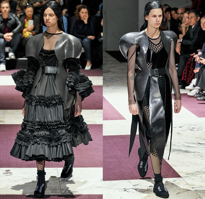 Comme des Garçons 2019-2020 Fall Autumn Winter Womens Runway Catwalk Looks - Mode à Paris Fashion Week France - The Gathering of Shadows Victorian Sculptural Dimensional Black Rubber Armor Cutout Fishnet Mesh Sheer Nun Hat Wimple Coif Veil Hoodie Bonnet Ruffles Concave Grommets Hooks Door Knobs Handles Trompe L'oeil 3D Flowers Floral Coat Blazer Straps Extra Sleeves Velvet Pussycat Bow Plaid Check Fur Knit Bralette Dress Crinoline Skirt Wide Shorts 