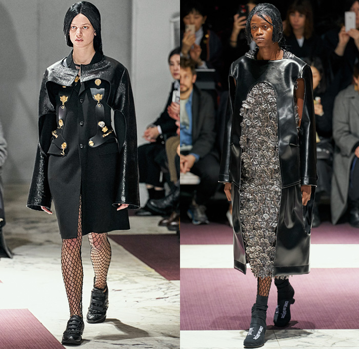 Comme des Garçons 2019-2020 Fall Autumn Winter Womens Runway Catwalk Looks - Mode à Paris Fashion Week France - The Gathering of Shadows Victorian Sculptural Dimensional Black Rubber Armor Cutout Fishnet Mesh Sheer Nun Hat Wimple Coif Veil Hoodie Bonnet Ruffles Concave Grommets Hooks Door Knobs Handles Trompe L'oeil 3D Flowers Floral Coat Blazer Straps Extra Sleeves Velvet Pussycat Bow Plaid Check Fur Knit Bralette Dress Crinoline Skirt Wide Shorts 