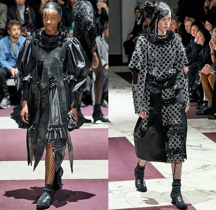 Comme des Garçons 2019-2020 Fall Autumn Winter Womens Runway Catwalk Looks - Mode à Paris Fashion Week France - The Gathering of Shadows Victorian Sculptural Dimensional Black Rubber Armor Cutout Fishnet Mesh Sheer Nun Hat Wimple Coif Veil Hoodie Bonnet Ruffles Concave Grommets Hooks Door Knobs Handles Trompe L'oeil 3D Flowers Floral Coat Blazer Straps Extra Sleeves Velvet Pussycat Bow Plaid Check Fur Knit Bralette Dress Crinoline Skirt Wide Shorts 