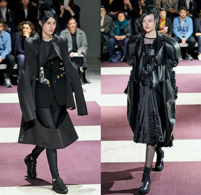 Comme des Garçons 2019-2020 Fall Autumn Winter Womens Runway Catwalk Looks - Mode à Paris Fashion Week France - The Gathering of Shadows Victorian Sculptural Dimensional Black Rubber Armor Cutout Fishnet Mesh Sheer Nun Hat Wimple Coif Veil Hoodie Bonnet Ruffles Concave Grommets Hooks Door Knobs Handles Trompe L'oeil 3D Flowers Floral Coat Blazer Straps Extra Sleeves Velvet Pussycat Bow Plaid Check Fur Knit Bralette Dress Crinoline Skirt Wide Shorts 