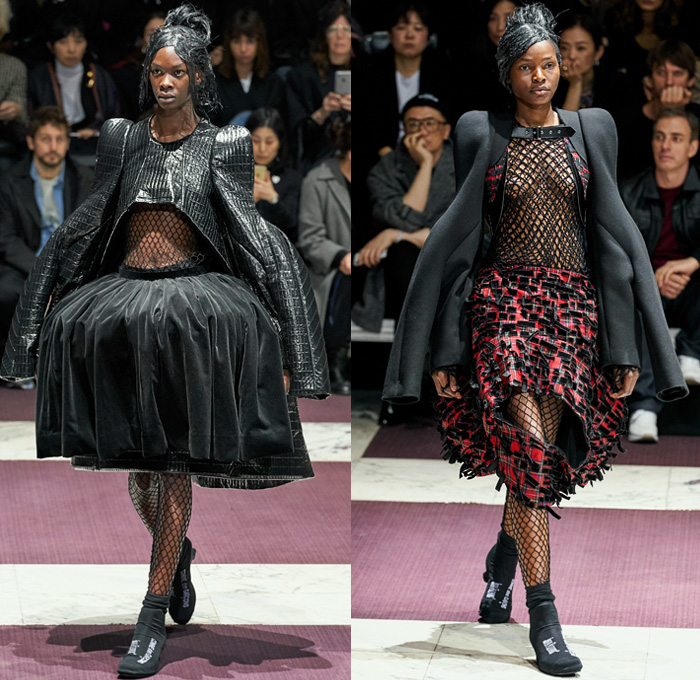 Comme des Garçons 2019-2020 Fall Autumn Winter Womens Runway Catwalk Looks - Mode à Paris Fashion Week France - The Gathering of Shadows Victorian Sculptural Dimensional Black Rubber Armor Cutout Fishnet Mesh Sheer Nun Hat Wimple Coif Veil Hoodie Bonnet Ruffles Concave Grommets Hooks Door Knobs Handles Trompe L'oeil 3D Flowers Floral Coat Blazer Straps Extra Sleeves Velvet Pussycat Bow Plaid Check Fur Knit Bralette Dress Crinoline Skirt Wide Shorts 