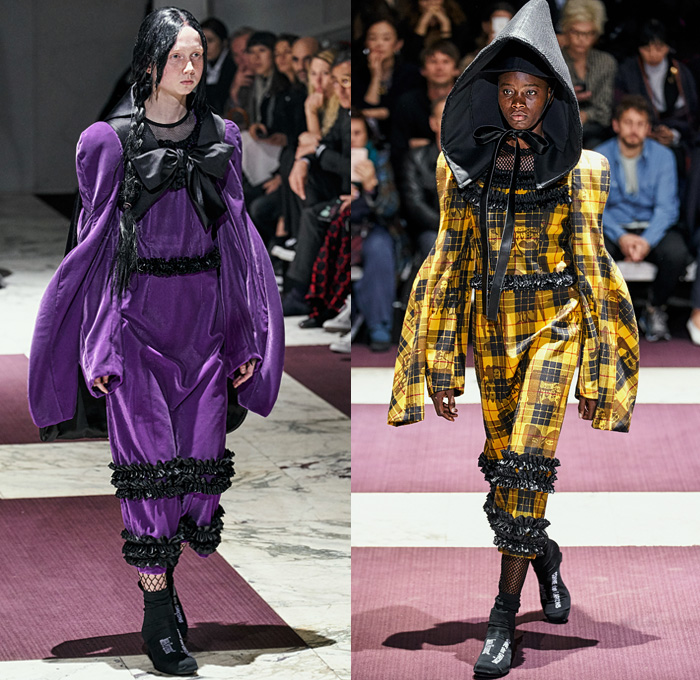 Comme des Garçons 2019-2020 Fall Autumn Winter Womens Runway Catwalk Looks - Mode à Paris Fashion Week France - The Gathering of Shadows Victorian Sculptural Dimensional Black Rubber Armor Cutout Fishnet Mesh Sheer Nun Hat Wimple Coif Veil Hoodie Bonnet Ruffles Concave Grommets Hooks Door Knobs Handles Trompe L'oeil 3D Flowers Floral Coat Blazer Straps Extra Sleeves Velvet Pussycat Bow Plaid Check Fur Knit Bralette Dress Crinoline Skirt Wide Shorts 