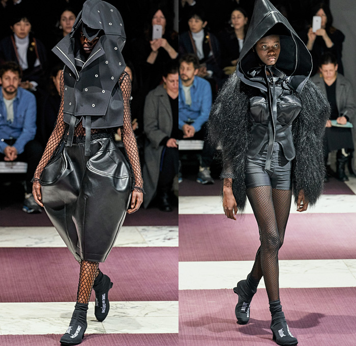 Comme des Garçons 2019-2020 Fall Autumn Winter Womens Runway Catwalk Looks - Mode à Paris Fashion Week France - The Gathering of Shadows Victorian Sculptural Dimensional Black Rubber Armor Cutout Fishnet Mesh Sheer Nun Hat Wimple Coif Veil Hoodie Bonnet Ruffles Concave Grommets Hooks Door Knobs Handles Trompe L'oeil 3D Flowers Floral Coat Blazer Straps Extra Sleeves Velvet Pussycat Bow Plaid Check Fur Knit Bralette Dress Crinoline Skirt Wide Shorts 