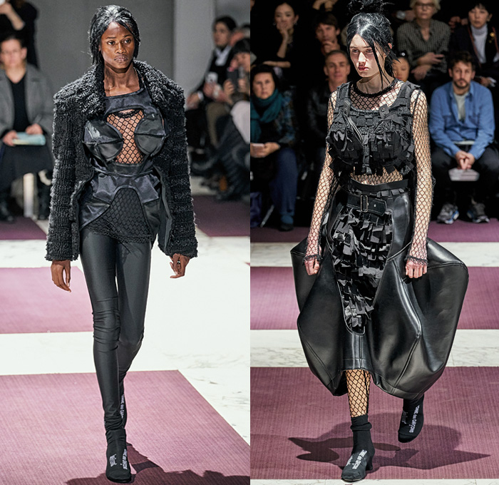 Comme des Garçons 2019-2020 Fall Autumn Winter Womens Runway Catwalk Looks - Mode à Paris Fashion Week France - The Gathering of Shadows Victorian Sculptural Dimensional Black Rubber Armor Cutout Fishnet Mesh Sheer Nun Hat Wimple Coif Veil Hoodie Bonnet Ruffles Concave Grommets Hooks Door Knobs Handles Trompe L'oeil 3D Flowers Floral Coat Blazer Straps Extra Sleeves Velvet Pussycat Bow Plaid Check Fur Knit Bralette Dress Crinoline Skirt Wide Shorts 