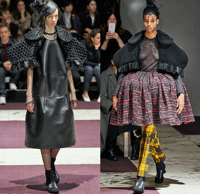 Comme des Garçons 2019-2020 Fall Autumn Winter Womens Runway Catwalk Looks - Mode à Paris Fashion Week France - The Gathering of Shadows Victorian Sculptural Dimensional Black Rubber Armor Cutout Fishnet Mesh Sheer Nun Hat Wimple Coif Veil Hoodie Bonnet Ruffles Concave Grommets Hooks Door Knobs Handles Trompe L'oeil 3D Flowers Floral Coat Blazer Straps Extra Sleeves Velvet Pussycat Bow Plaid Check Fur Knit Bralette Dress Crinoline Skirt Wide Shorts 