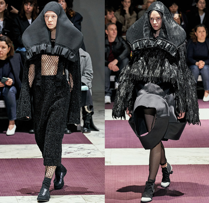 Comme des Garçons 2019-2020 Fall Autumn Winter Womens Runway Catwalk Looks - Mode à Paris Fashion Week France - The Gathering of Shadows Victorian Sculptural Dimensional Black Rubber Armor Cutout Fishnet Mesh Sheer Nun Hat Wimple Coif Veil Hoodie Bonnet Ruffles Concave Grommets Hooks Door Knobs Handles Trompe L'oeil 3D Flowers Floral Coat Blazer Straps Extra Sleeves Velvet Pussycat Bow Plaid Check Fur Knit Bralette Dress Crinoline Skirt Wide Shorts 