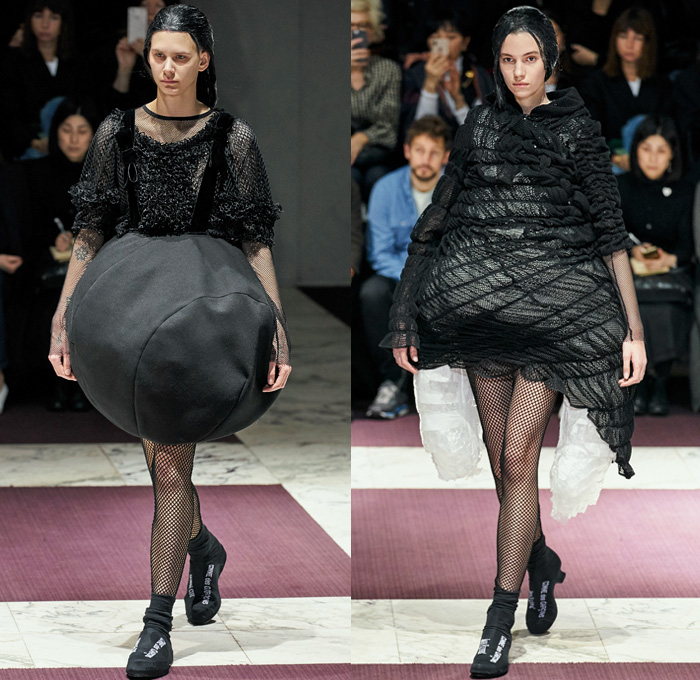 Comme des Garçons 2019-2020 Fall Autumn Winter Womens Runway Catwalk Looks - Mode à Paris Fashion Week France - The Gathering of Shadows Victorian Sculptural Dimensional Black Rubber Armor Cutout Fishnet Mesh Sheer Nun Hat Wimple Coif Veil Hoodie Bonnet Ruffles Concave Grommets Hooks Door Knobs Handles Trompe L'oeil 3D Flowers Floral Coat Blazer Straps Extra Sleeves Velvet Pussycat Bow Plaid Check Fur Knit Bralette Dress Crinoline Skirt Wide Shorts 