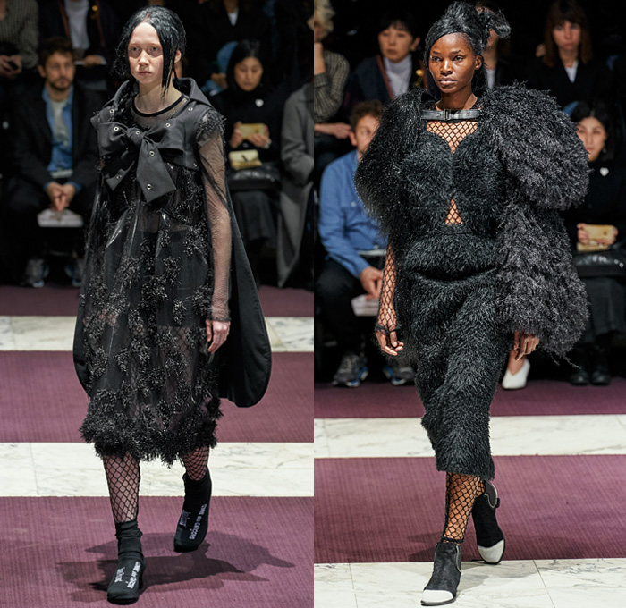 Comme des Garçons 2019-2020 Fall Autumn Winter Womens Runway Catwalk Looks - Mode à Paris Fashion Week France - The Gathering of Shadows Victorian Sculptural Dimensional Black Rubber Armor Cutout Fishnet Mesh Sheer Nun Hat Wimple Coif Veil Hoodie Bonnet Ruffles Concave Grommets Hooks Door Knobs Handles Trompe L'oeil 3D Flowers Floral Coat Blazer Straps Extra Sleeves Velvet Pussycat Bow Plaid Check Fur Knit Bralette Dress Crinoline Skirt Wide Shorts 