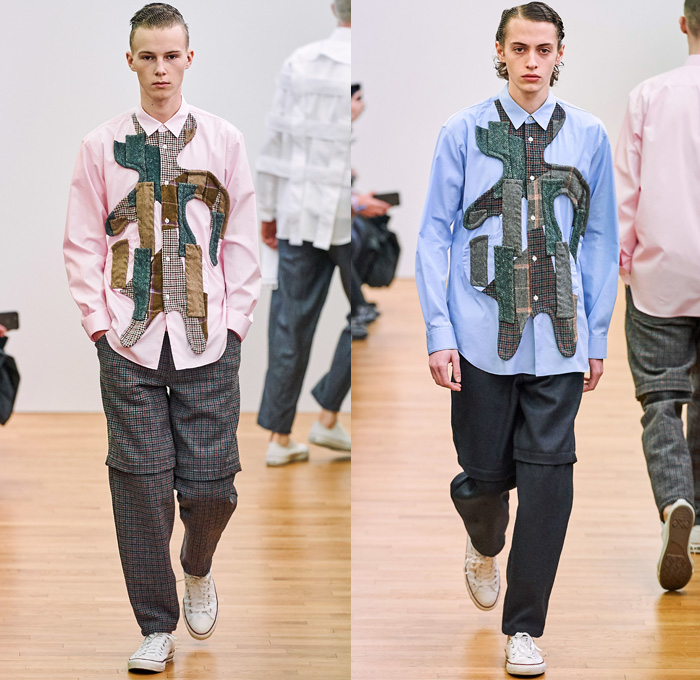 Comme des Garçons Shirt 2019-2020 Fall Autumn Winter Mens Runway Show Looks - Mode à Paris Fashion Week Mode Masculine France - Tailored Long Sleeve Shirting Patchwork Mix Prints Houndstooth Wool Tweed Plaid Check Gingham Stripes Zigzag Straps Belts Double Collar Panels Pop Art Boom Crash Poof Blazer Slit Knee Sweater Corduroy Tapered Baggy Pants Shorts Converse All Star Chuck Taylor Sneakers