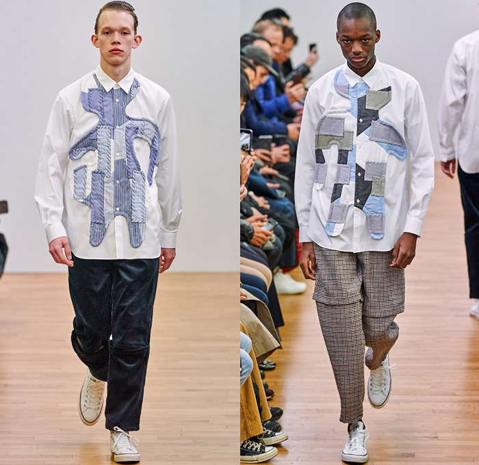 Comme des Garçons Shirt 2019-2020 Fall Autumn Winter Mens Runway Show Looks - Mode à Paris Fashion Week Mode Masculine France - Tailored Long Sleeve Shirting Patchwork Mix Prints Houndstooth Wool Tweed Plaid Check Gingham Stripes Zigzag Straps Belts Double Collar Panels Pop Art Boom Crash Poof Blazer Slit Knee Sweater Corduroy Tapered Baggy Pants Shorts Converse All Star Chuck Taylor Sneakers