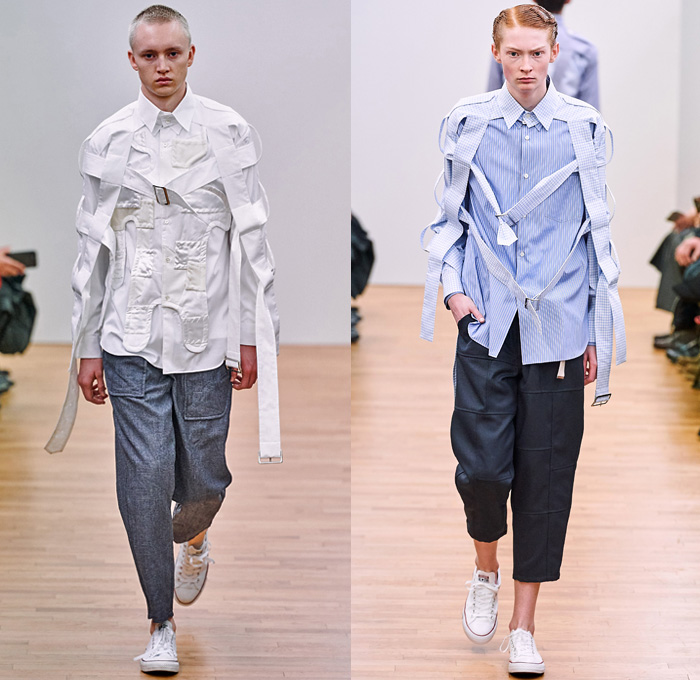 Comme des Garçons Shirt 2019-2020 Fall Autumn Winter Mens Runway Show Looks - Mode à Paris Fashion Week Mode Masculine France - Tailored Long Sleeve Shirting Patchwork Mix Prints Houndstooth Wool Tweed Plaid Check Gingham Stripes Zigzag Straps Belts Double Collar Panels Pop Art Boom Crash Poof Blazer Slit Knee Sweater Corduroy Tapered Baggy Pants Shorts Converse All Star Chuck Taylor Sneakers