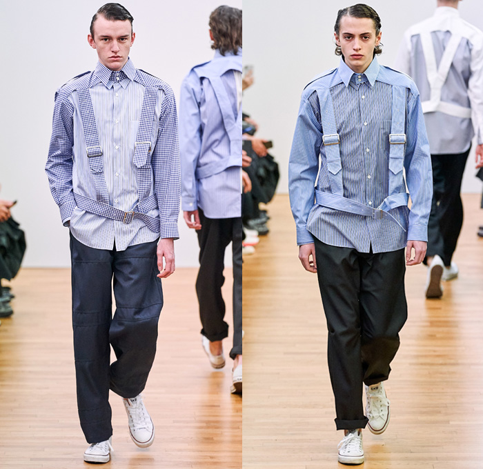 Comme des Garçons Shirt 2019-2020 Fall Autumn Winter Mens Runway Show Looks - Mode à Paris Fashion Week Mode Masculine France - Tailored Long Sleeve Shirting Patchwork Mix Prints Houndstooth Wool Tweed Plaid Check Gingham Stripes Zigzag Straps Belts Double Collar Panels Pop Art Boom Crash Poof Blazer Slit Knee Sweater Corduroy Tapered Baggy Pants Shorts Converse All Star Chuck Taylor Sneakers