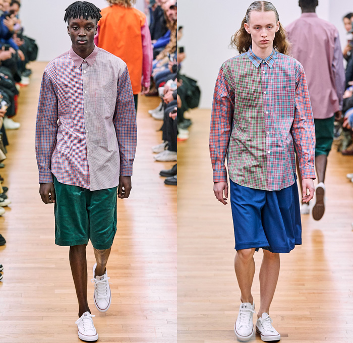 Comme des Garçons Shirt 2019-2020 Fall Autumn Winter Mens Runway Show Looks - Mode à Paris Fashion Week Mode Masculine France - Tailored Long Sleeve Shirting Patchwork Mix Prints Houndstooth Wool Tweed Plaid Check Gingham Stripes Zigzag Straps Belts Double Collar Panels Pop Art Boom Crash Poof Blazer Slit Knee Sweater Corduroy Tapered Baggy Pants Shorts Converse All Star Chuck Taylor Sneakers