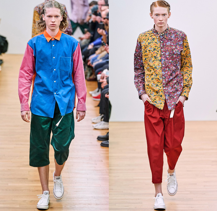 Comme des Garçons Shirt 2019-2020 Fall Autumn Winter Mens Runway Show Looks - Mode à Paris Fashion Week Mode Masculine France - Tailored Long Sleeve Shirting Patchwork Mix Prints Houndstooth Wool Tweed Plaid Check Gingham Stripes Zigzag Straps Belts Double Collar Panels Pop Art Boom Crash Poof Blazer Slit Knee Sweater Corduroy Tapered Baggy Pants Shorts Converse All Star Chuck Taylor Sneakers