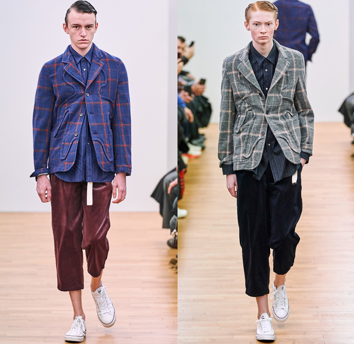 Comme des Garçons Shirt 2019-2020 Fall Autumn Winter Mens Runway Show Looks - Mode à Paris Fashion Week Mode Masculine France - Tailored Long Sleeve Shirting Patchwork Mix Prints Houndstooth Wool Tweed Plaid Check Gingham Stripes Zigzag Straps Belts Double Collar Panels Pop Art Boom Crash Poof Blazer Slit Knee Sweater Corduroy Tapered Baggy Pants Shorts Converse All Star Chuck Taylor Sneakers