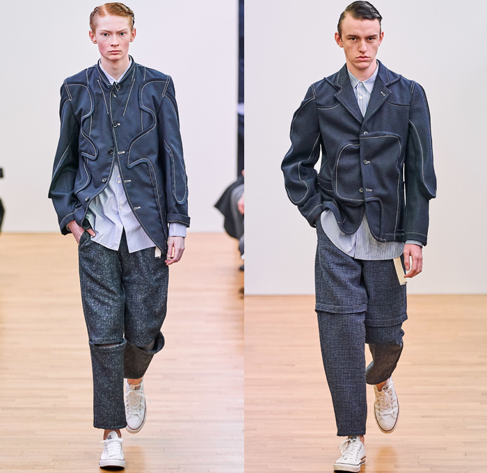 Comme des Garçons Shirt 2019-2020 Fall Autumn Winter Mens Runway Show Looks - Mode à Paris Fashion Week Mode Masculine France - Tailored Long Sleeve Shirting Patchwork Mix Prints Houndstooth Wool Tweed Plaid Check Gingham Stripes Zigzag Straps Belts Double Collar Panels Pop Art Boom Crash Poof Blazer Slit Knee Sweater Corduroy Tapered Baggy Pants Shorts Converse All Star Chuck Taylor Sneakers