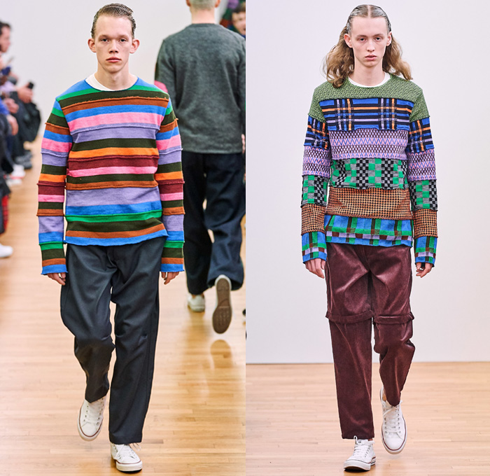 Comme des Garçons Shirt 2019-2020 Fall Autumn Winter Mens Runway Show Looks - Mode à Paris Fashion Week Mode Masculine France - Tailored Long Sleeve Shirting Patchwork Mix Prints Houndstooth Wool Tweed Plaid Check Gingham Stripes Zigzag Straps Belts Double Collar Panels Pop Art Boom Crash Poof Blazer Slit Knee Sweater Corduroy Tapered Baggy Pants Shorts Converse All Star Chuck Taylor Sneakers